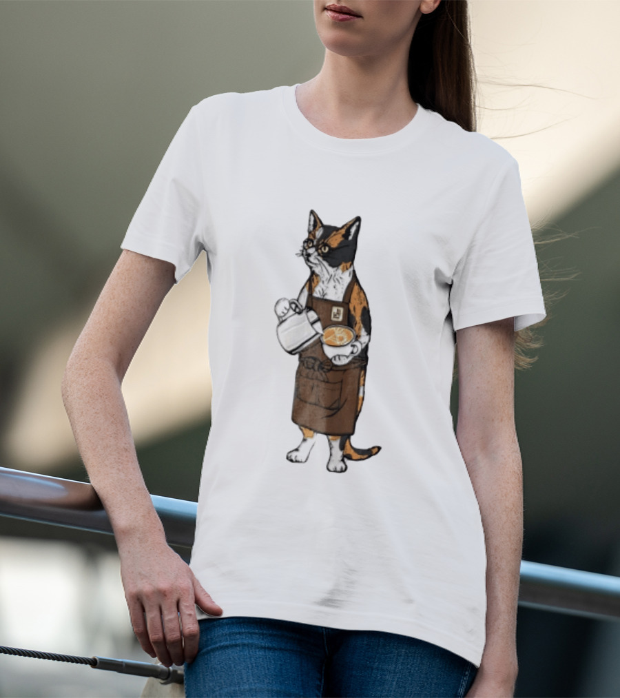 Cat Wearing Glasses And Apron Pouring Latte Art Coffee T-Shirt