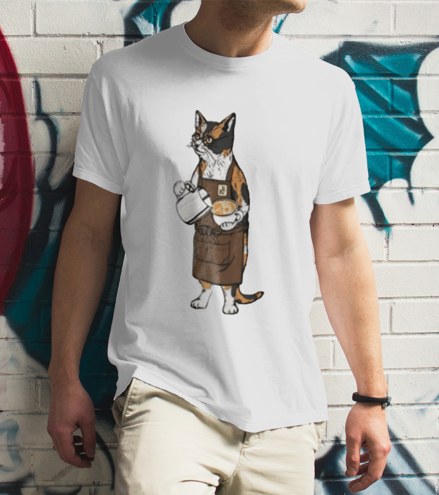Cat Wearing Glasses And Apron Pouring Latte Art Coffee T-Shirt