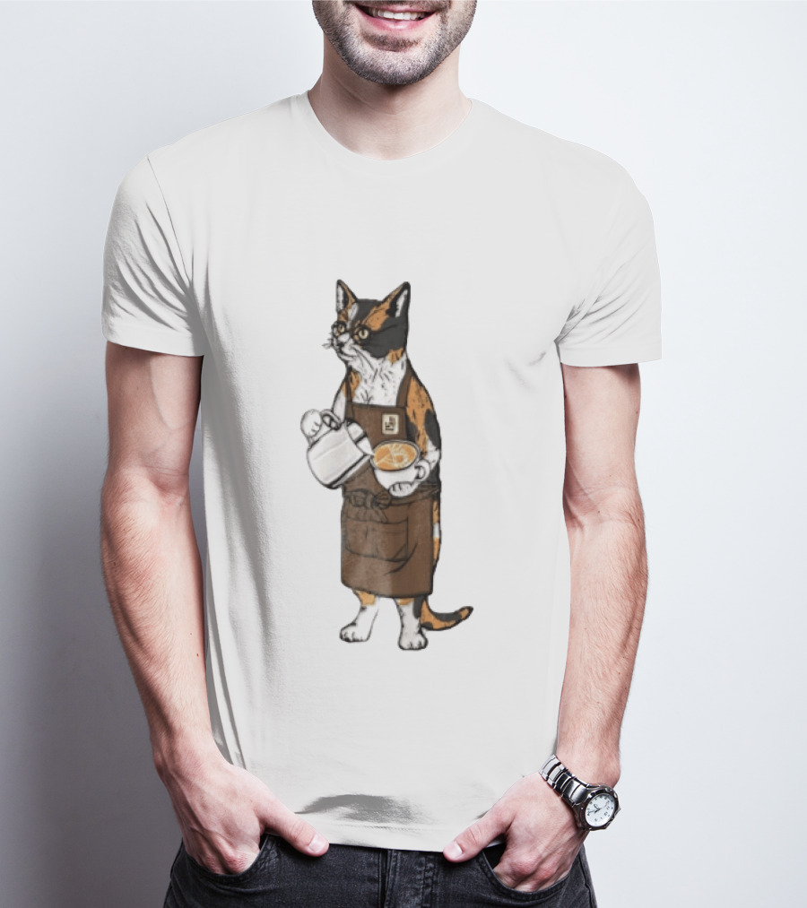 Cat Wearing Glasses And Apron Pouring Latte Art Coffee T-Shirt