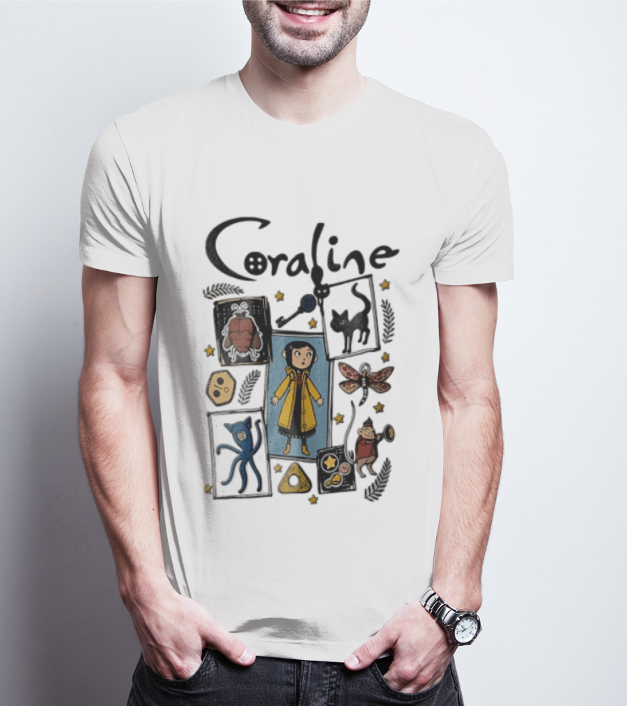 Coraline In Yellow Raincoat With Black Cat And Stars With Button Eyes T-Shirt