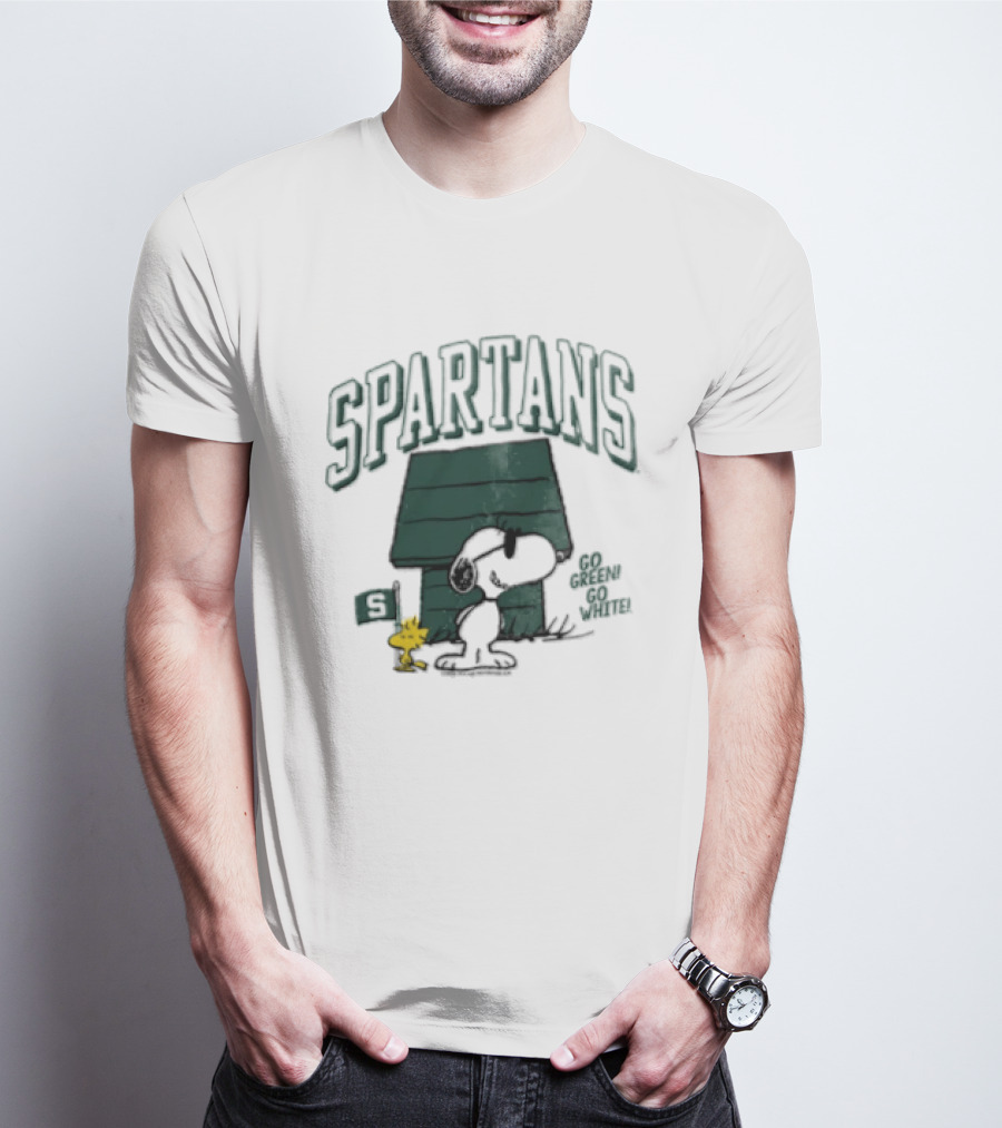 Snoopy Woodstock Doghouse Spartans Michigan State Flag Cartoon T-Shirt