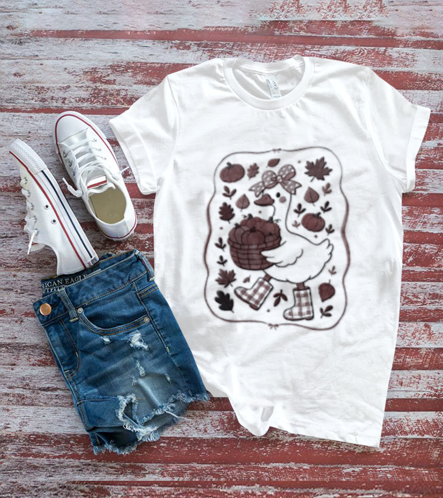 Goose Bow Rain Boots Basket Pumpkins Autumn Leaves T-Shirt