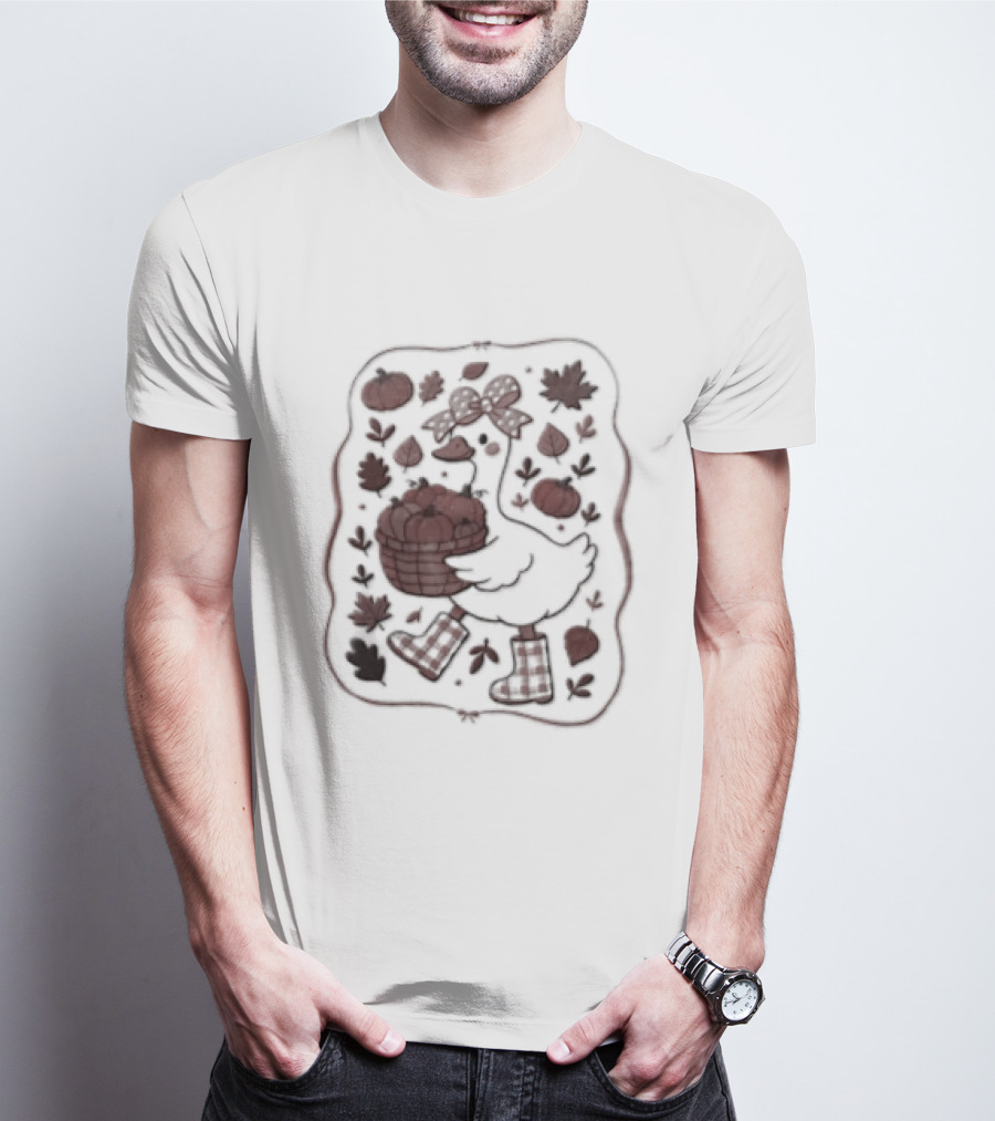 Goose Bow Rain Boots Basket Pumpkins Autumn Leaves T-Shirt