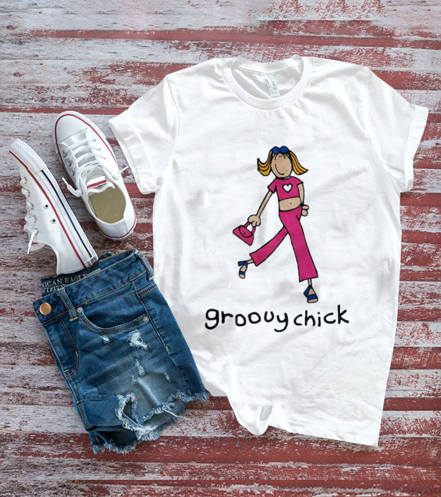 Groovy Chick Cartoon Character With Pink Heart Outfit And Bag T-Shirt