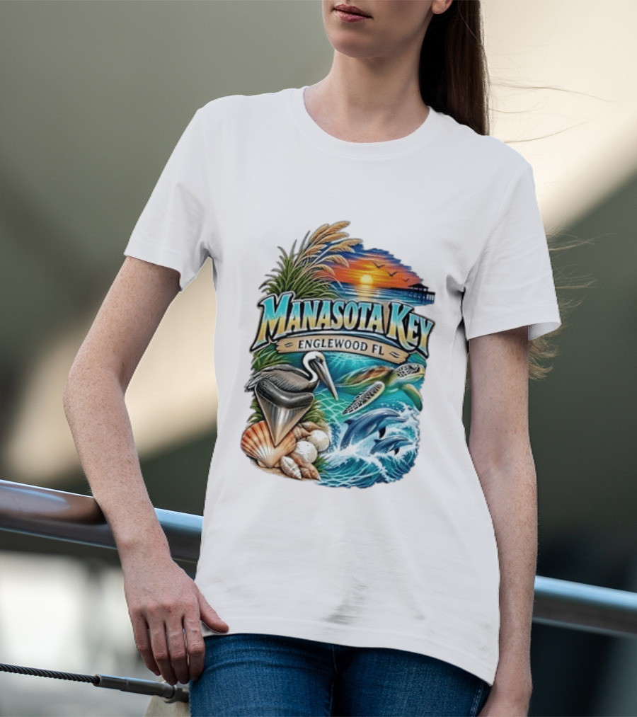 Manasota Key Englewood FL Beach Scene With Pelican Dolphins Shells And Sunset T-Shirt