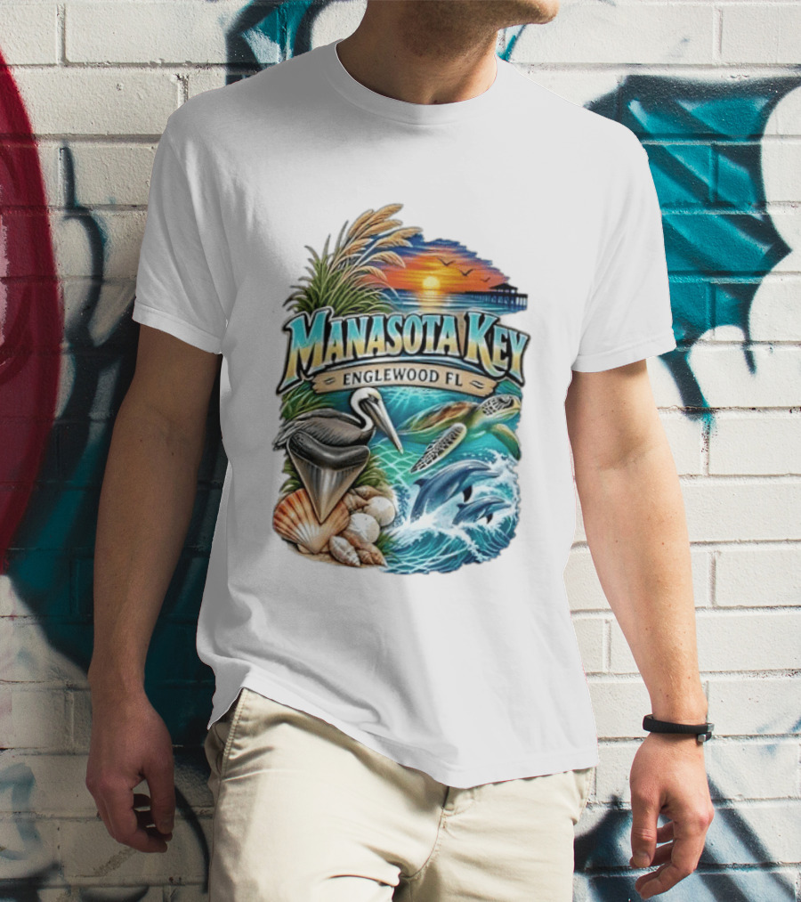 Manasota Key Englewood FL Beach Scene With Pelican Dolphins Shells And Sunset T-Shirt