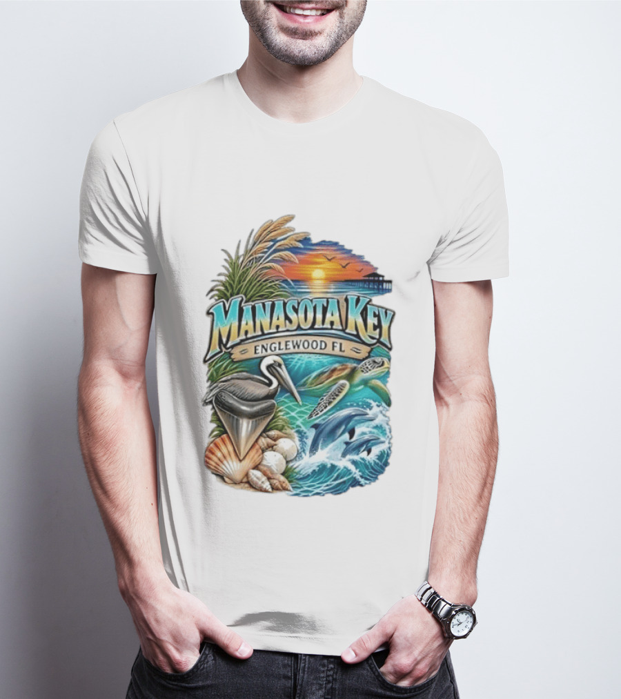 Manasota Key Englewood FL Beach Scene With Pelican Dolphins Shells And Sunset T-Shirt
