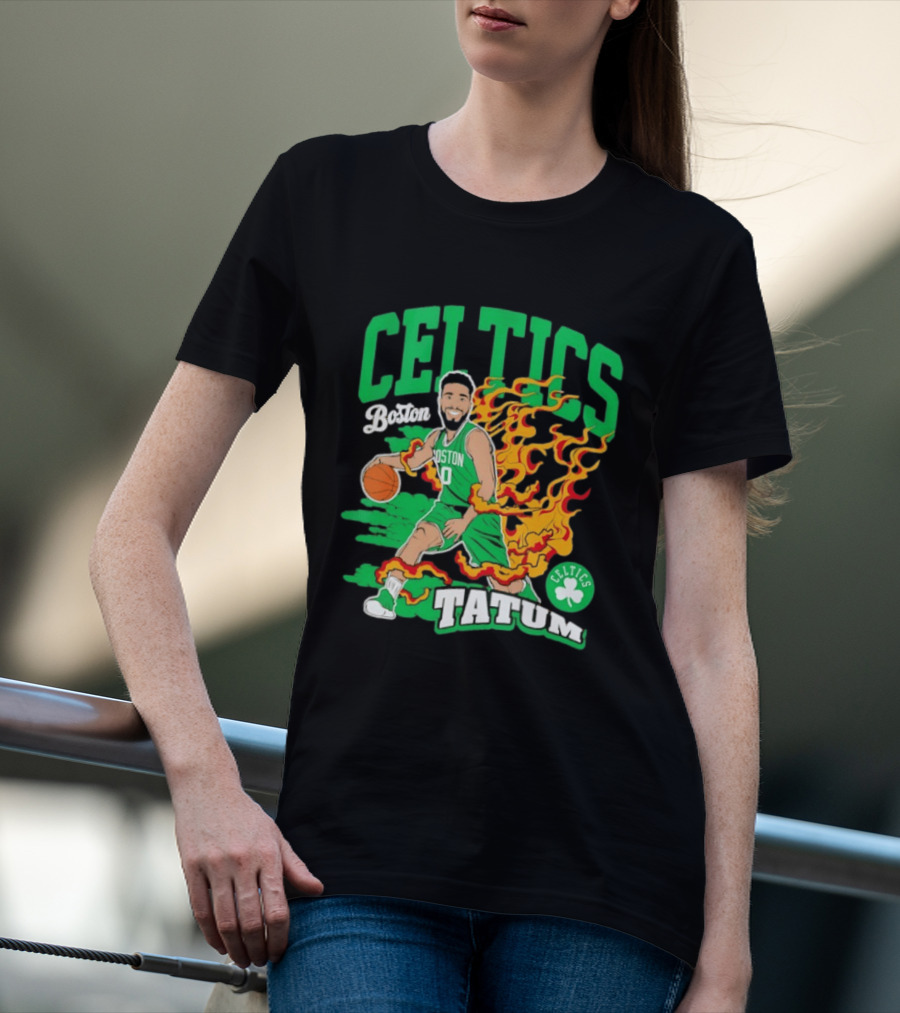 Boston Celtics Jayson Tatum Fired Up Basketball Flames T-Shirt