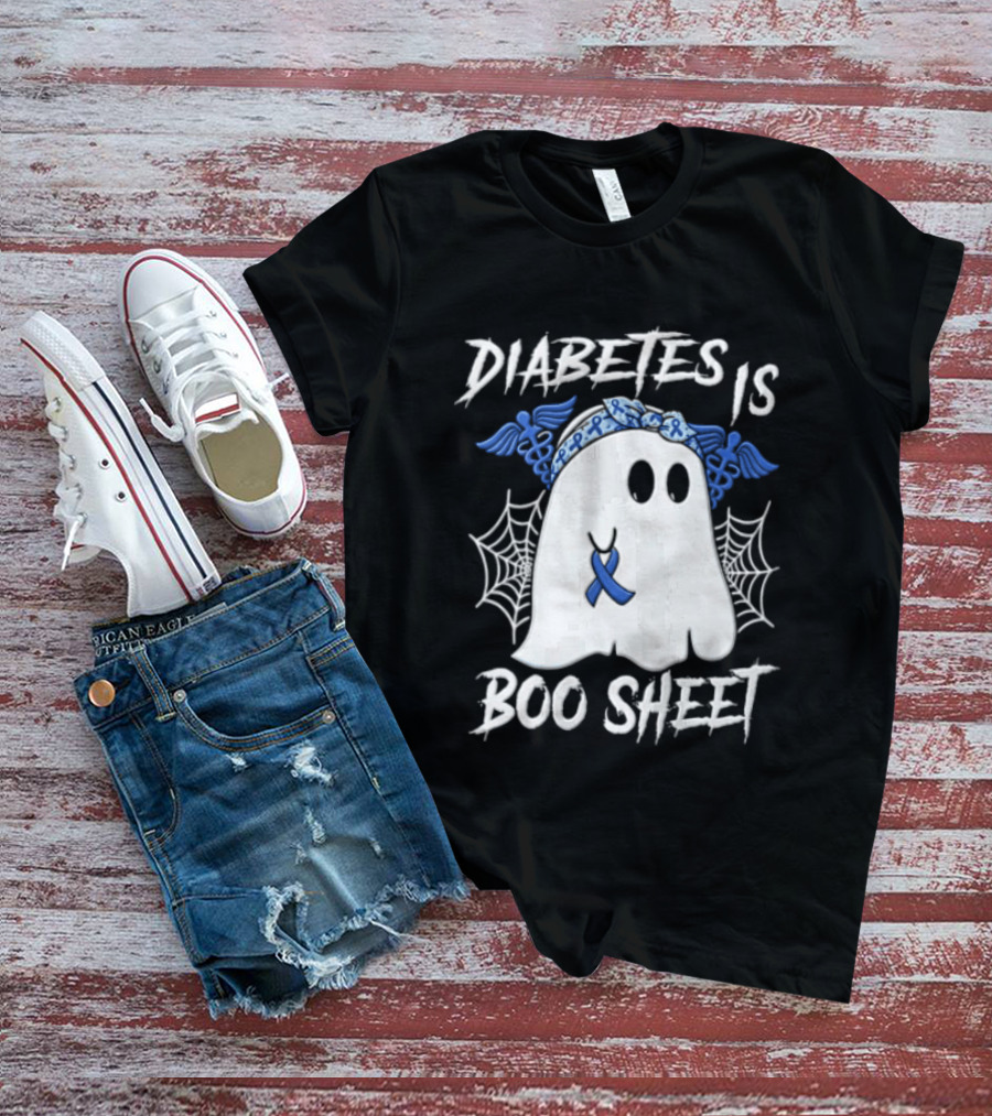 Diabetes IS BOO Sheet Ghost With Blue Ribbon Headband Halloween T-Shirt
