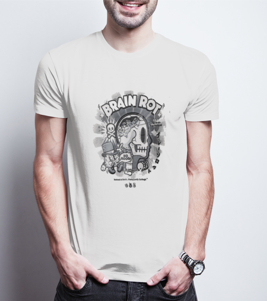 BRAIN ROT Skull Top Hat No Good Text Vintage Cartoon T-Shirt