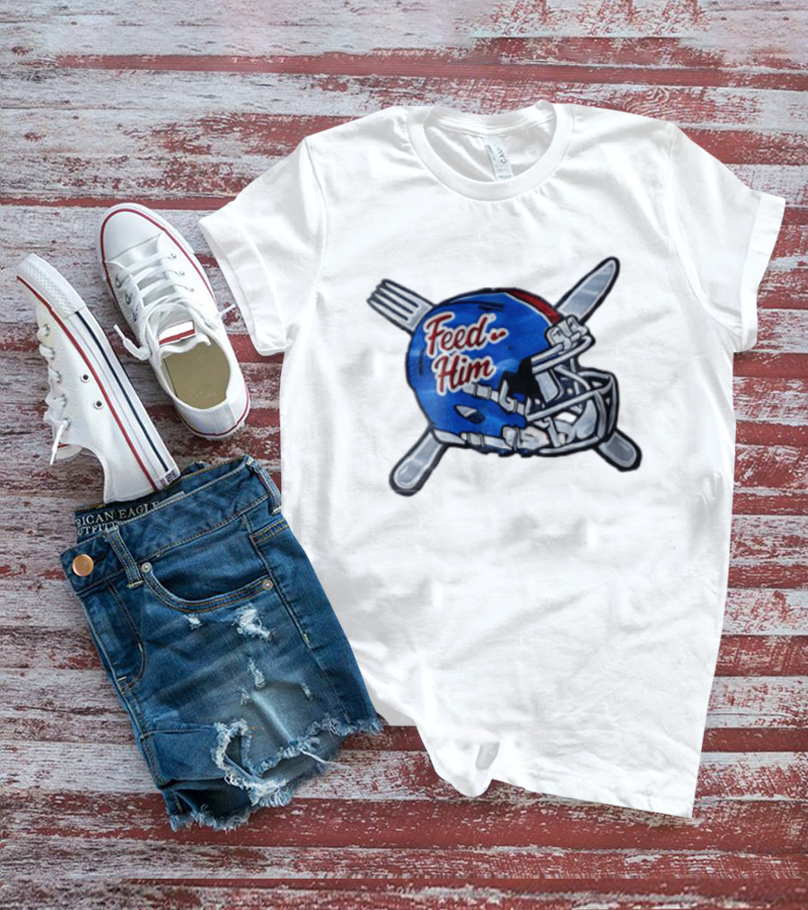 Feed Him Blue Football Helmet Crossed Utensils Fork Knife T-Shirt
