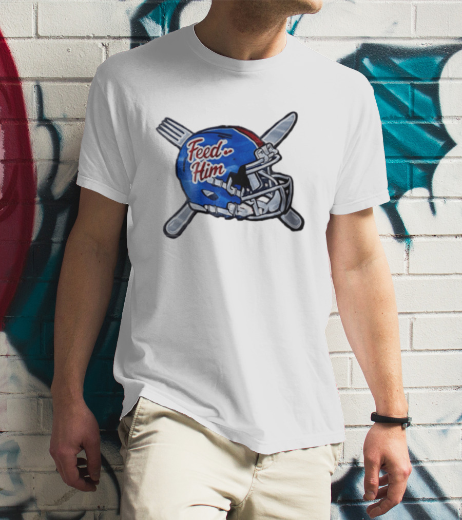 Feed Him Blue Football Helmet Crossed Utensils Fork Knife T-Shirt