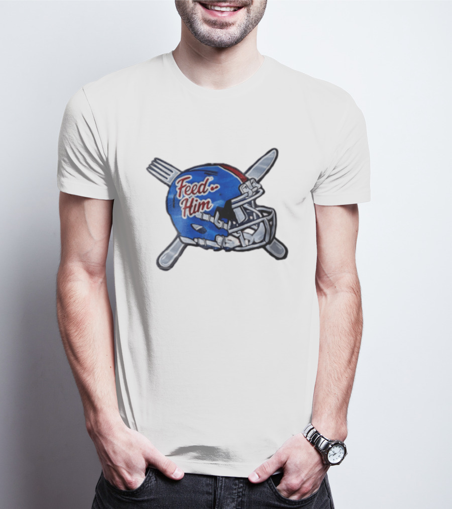 Feed Him Blue Football Helmet Crossed Utensils Fork Knife T-Shirt