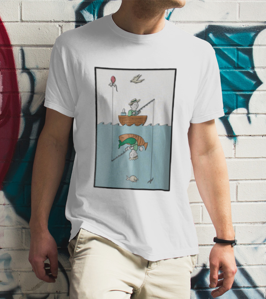 Fisherman In Boat Catching Hidden Mermaid With Fishing Line T-Shirt