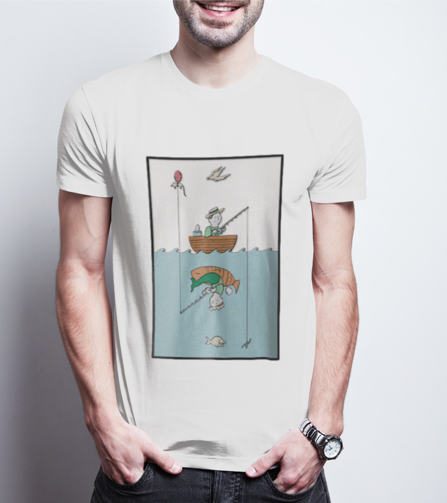 Fisherman In Boat Catching Hidden Mermaid With Fishing Line T-Shirt