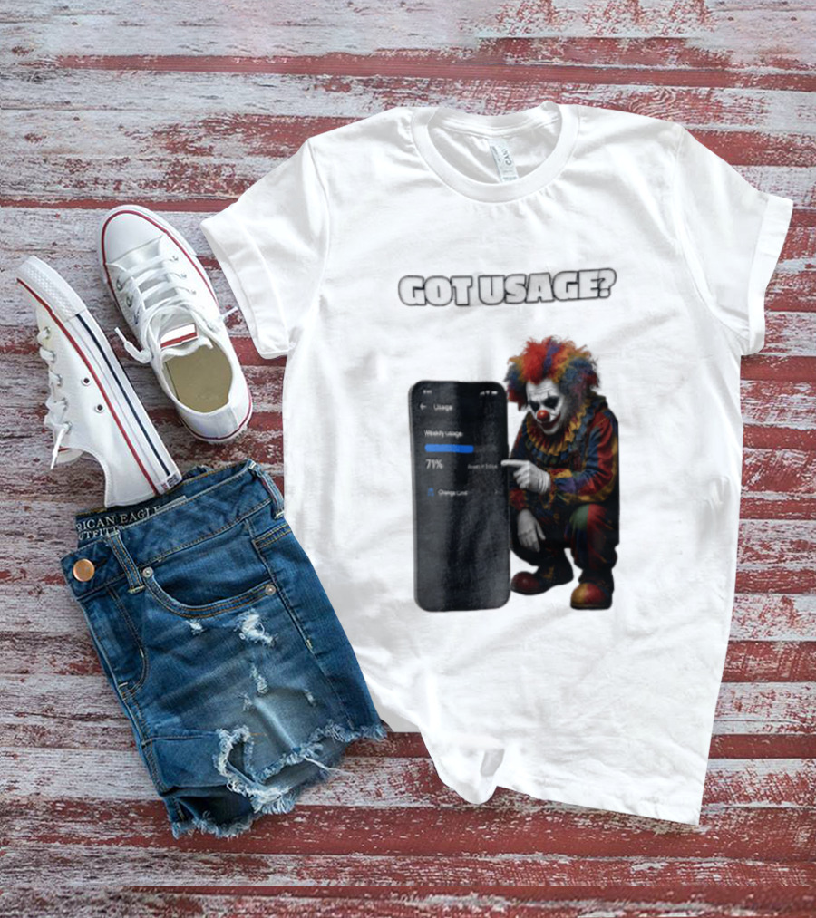 GOT Usage Clown Pointing At Smartphone Screen Weekly Usage 71% T-Shirt