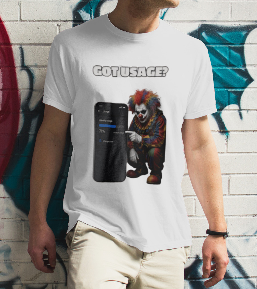 GOT Usage Clown Pointing At Smartphone Screen Weekly Usage 71% T-Shirt