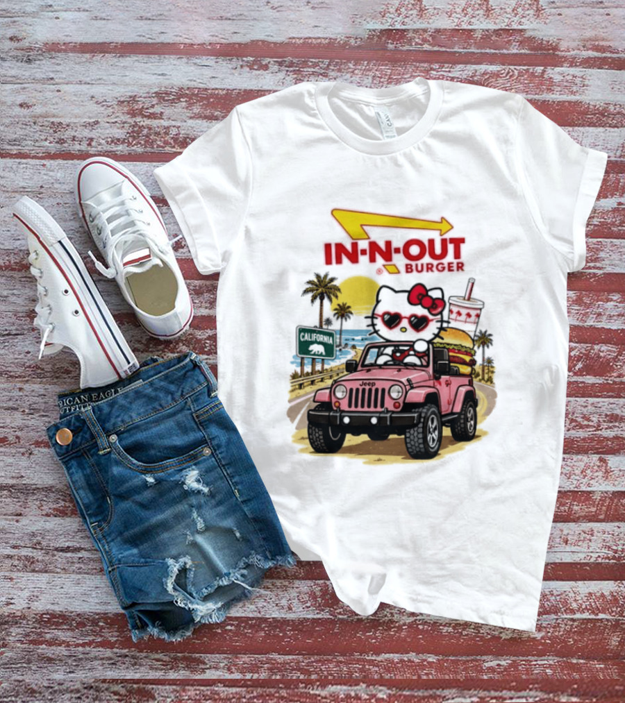 Hello Kitty In Pink Jeep With In N Out Burger California Adventure T-Shirt