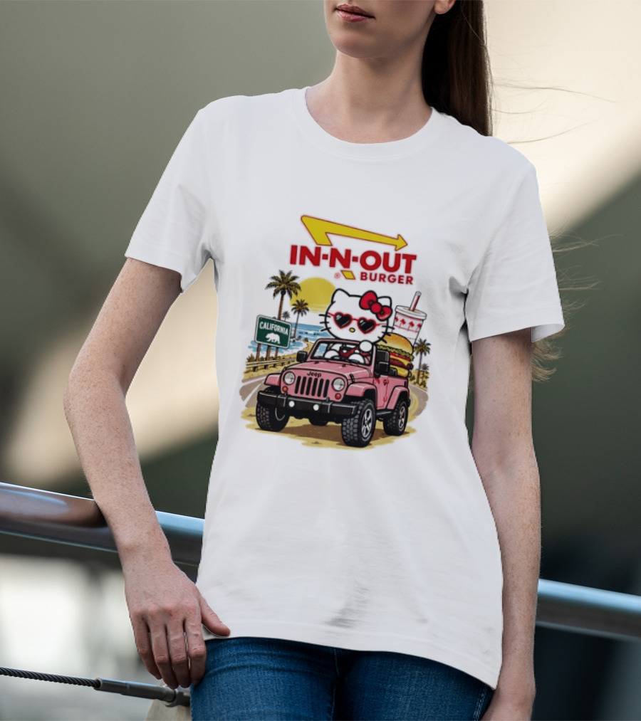 Hello Kitty In Pink Jeep With In N Out Burger California Adventure T-Shirt