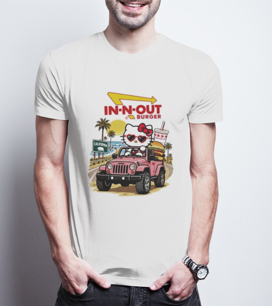 Hello Kitty In Pink Jeep With In N Out Burger California Adventure T-Shirt
