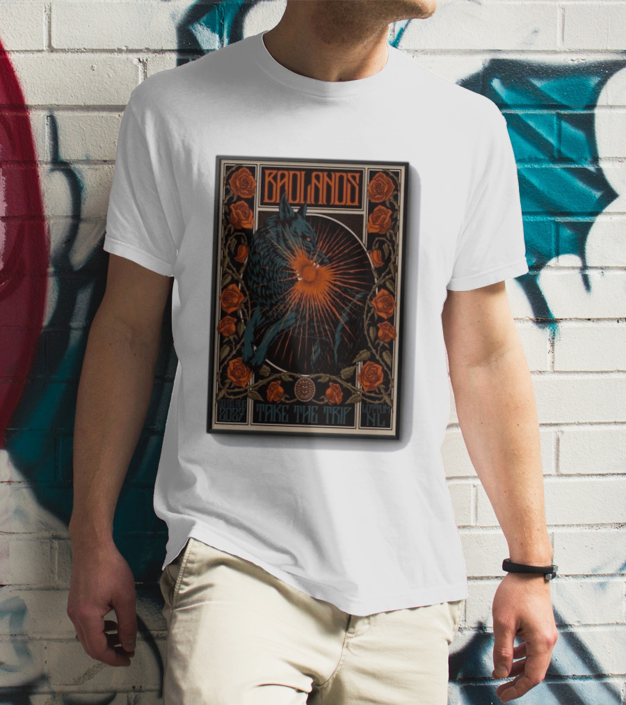 BADLANDS Festival Aug 20 22 2027 Take The Trip Stokterweg 14 Lottum Netherlands Retro Wolf And Roses T-Shirt