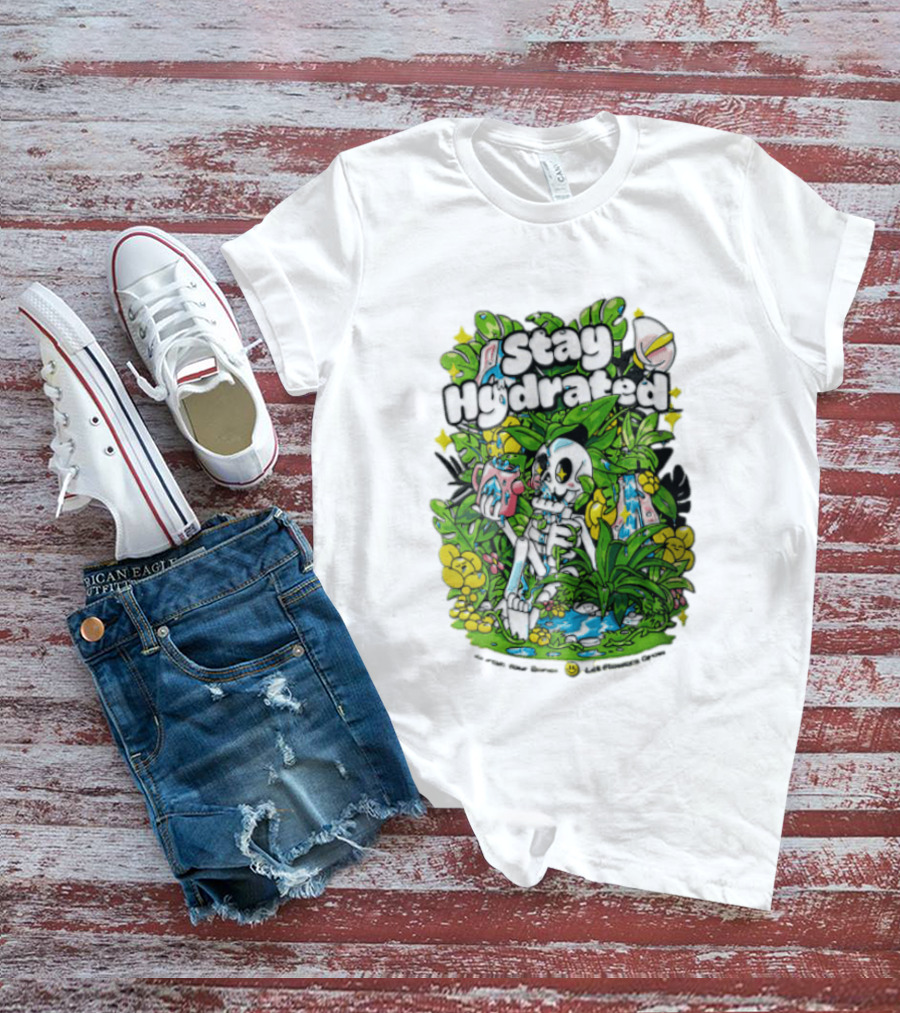 Stay Hydrated Quirky Skeleton Watering Lush Greenery And Flowers T-Shirt