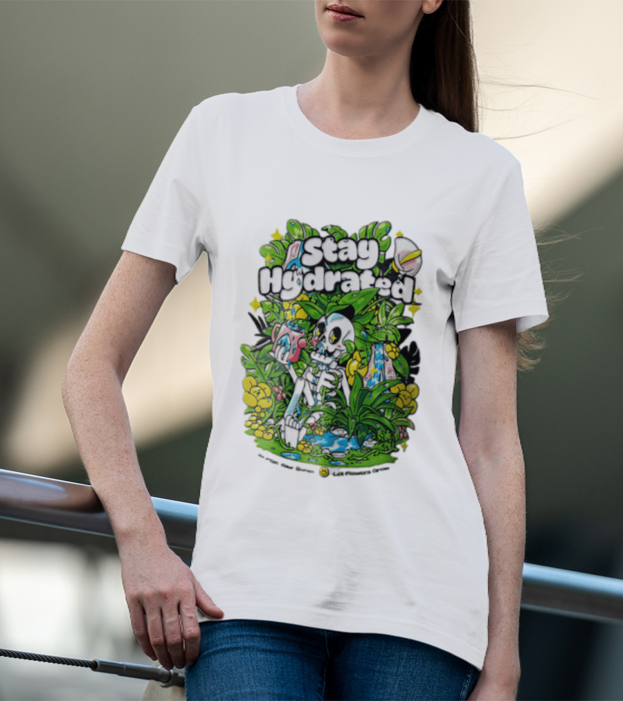 Stay Hydrated Quirky Skeleton Watering Lush Greenery And Flowers T-Shirt