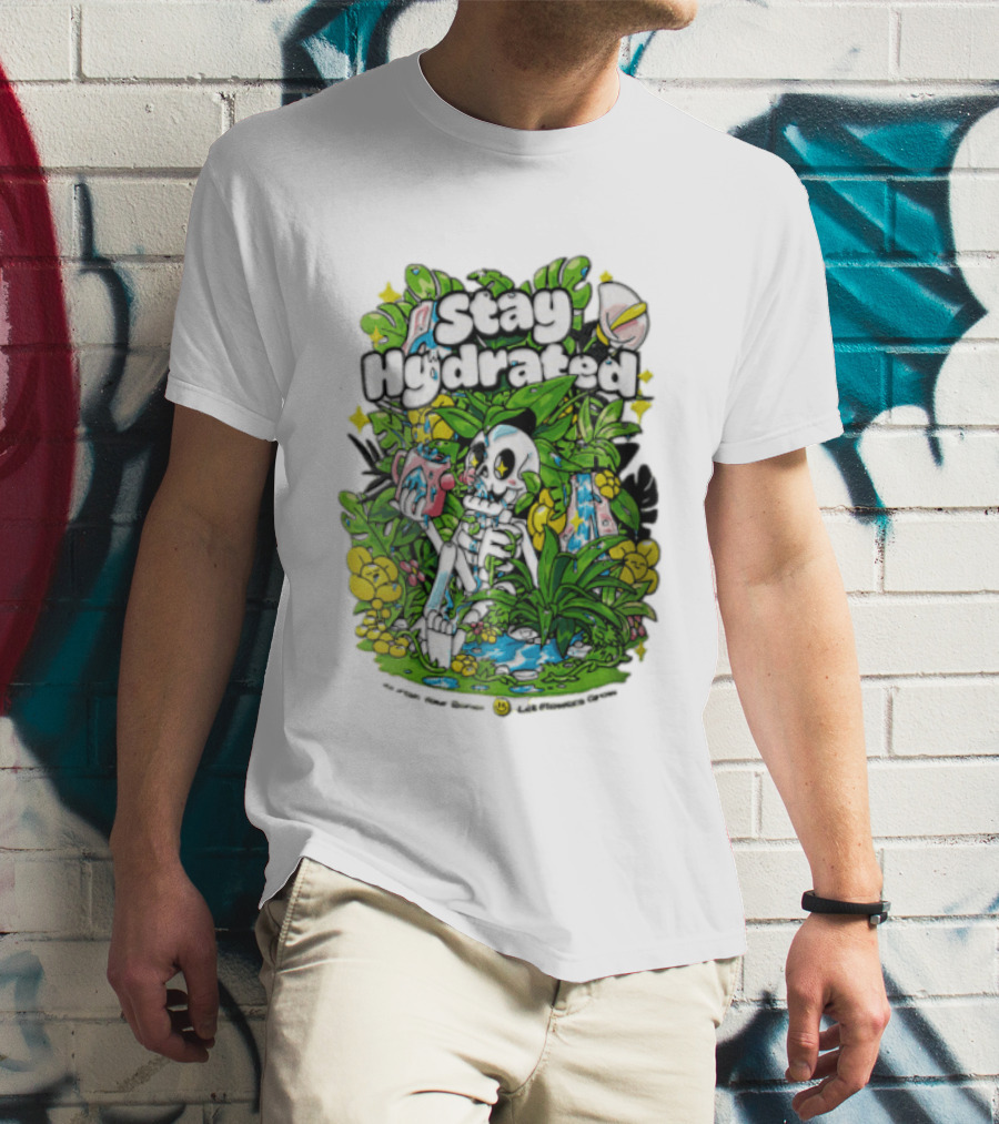 Stay Hydrated Quirky Skeleton Watering Lush Greenery And Flowers T-Shirt