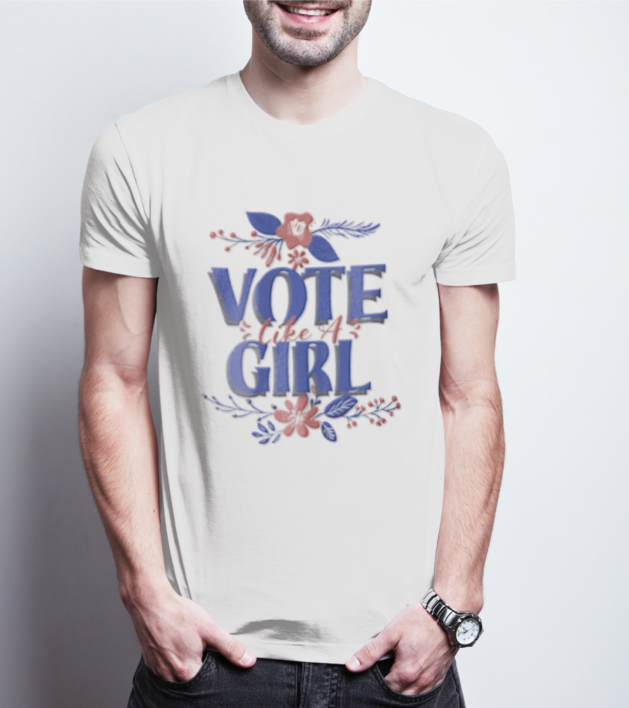 Vote Like A Girl Blue Red Pink Floral Accents T-Shirt
