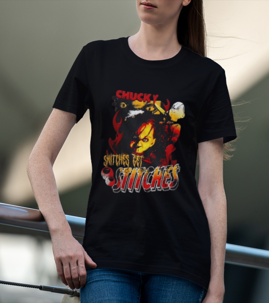 Chucky Snitches Get Stitches Horror Doll With Knife And Eyeballs T-Shirt