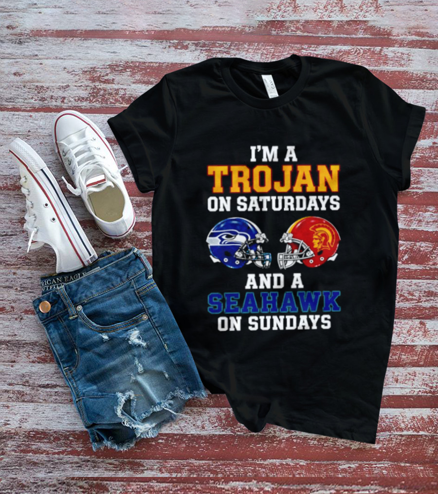 I'm A Trojan On Saturdays And A Seahawk On Sundays Football Helmets T-Shirt