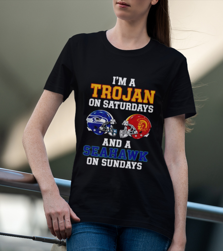 I'm A Trojan On Saturdays And A Seahawk On Sundays Football Helmets T-Shirt