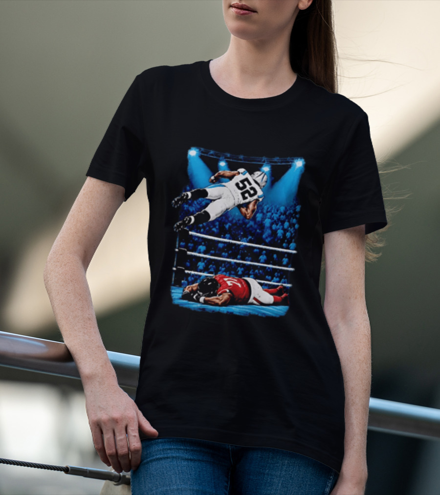 Football Player 52 Jumping Over Opponent In Wrestling Ring Spotlight Crowd T-Shirt