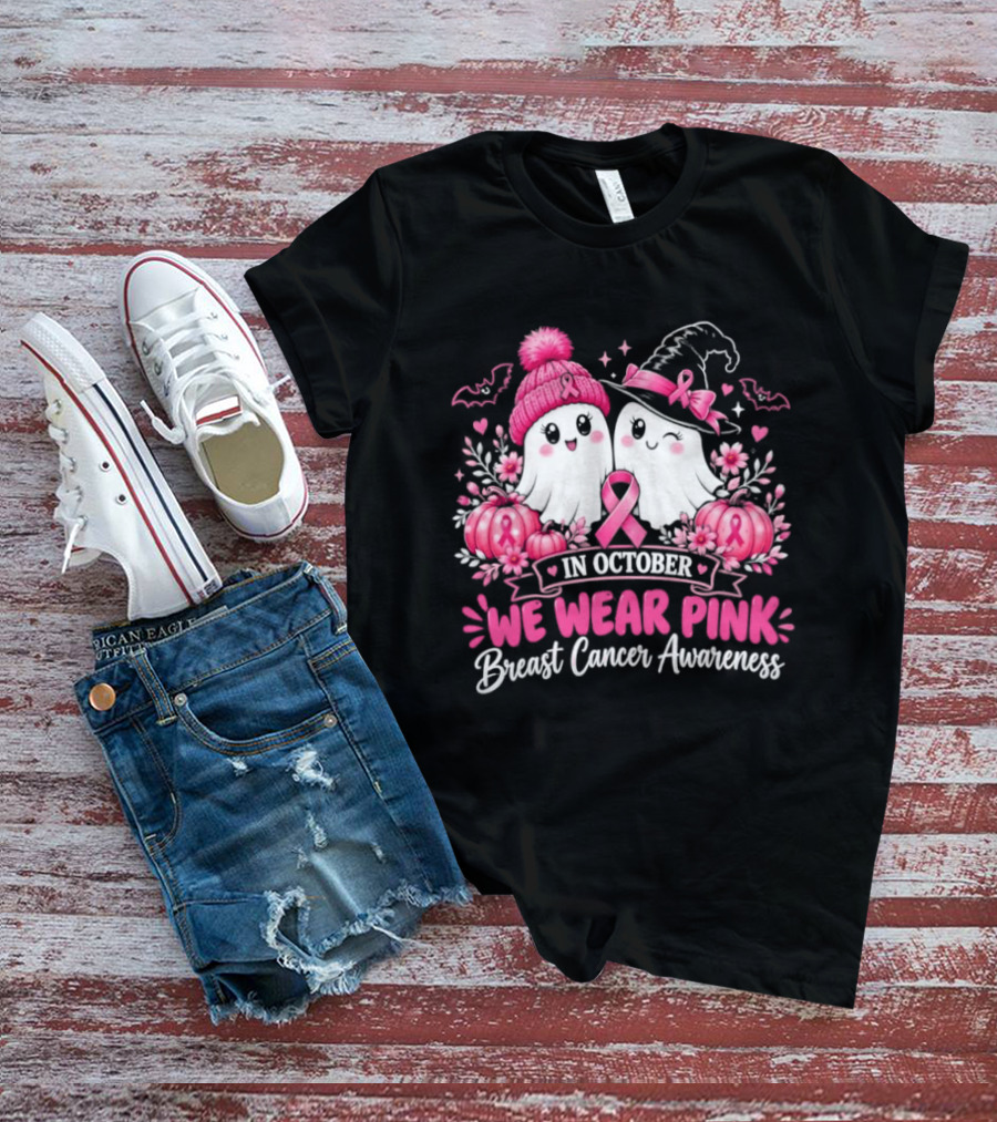 In October We Wear Pink Breast Cancer Awareness Ghost Pumpkin Witch T-Shirt