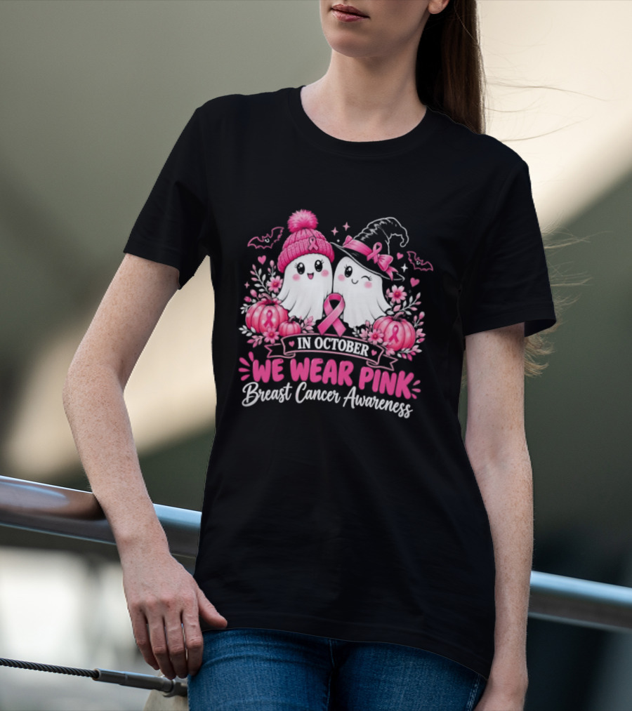 In October We Wear Pink Breast Cancer Awareness Ghost Pumpkin Witch T-Shirt