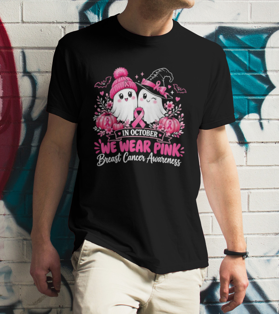 In October We Wear Pink Breast Cancer Awareness Ghost Pumpkin Witch T-Shirt
