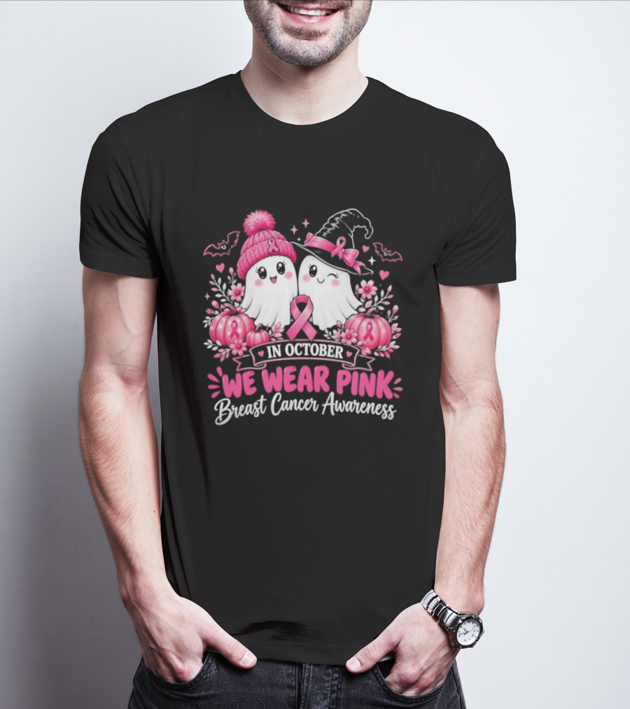 In October We Wear Pink Breast Cancer Awareness Ghost Pumpkin Witch T-Shirt