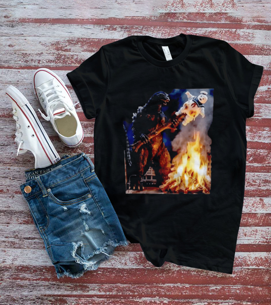Kaiju Campfire Godzilla Holding Stay Puft Marshmallow Man T-Shirt