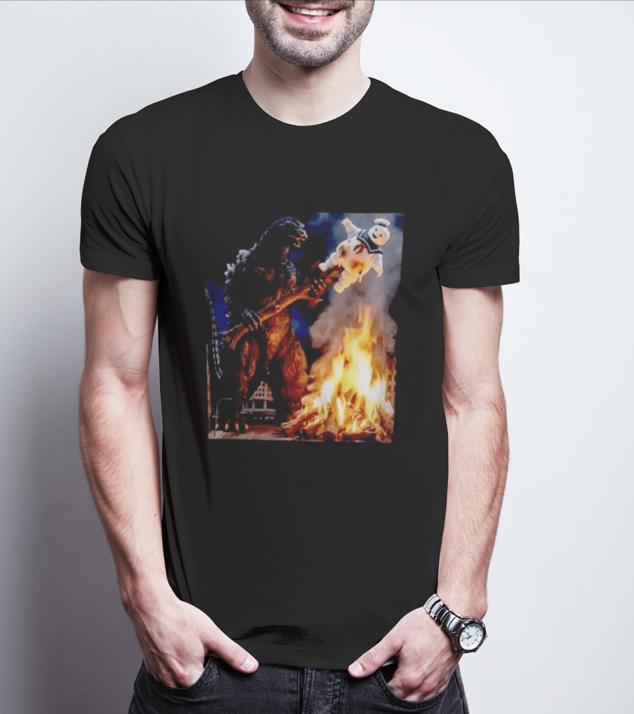 Kaiju Campfire Godzilla Holding Stay Puft Marshmallow Man T-Shirt