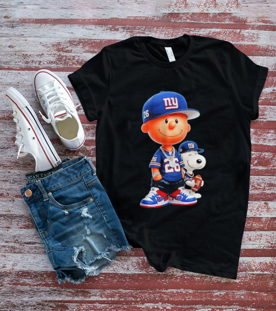 Peanuts Characters In New York Giants Team Sportswear T-Shirt