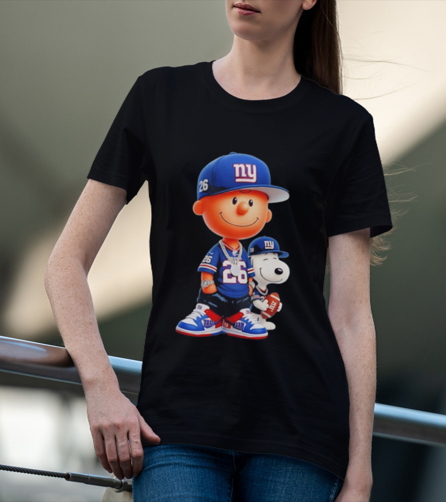 Peanuts Characters In New York Giants Team Sportswear T-Shirt