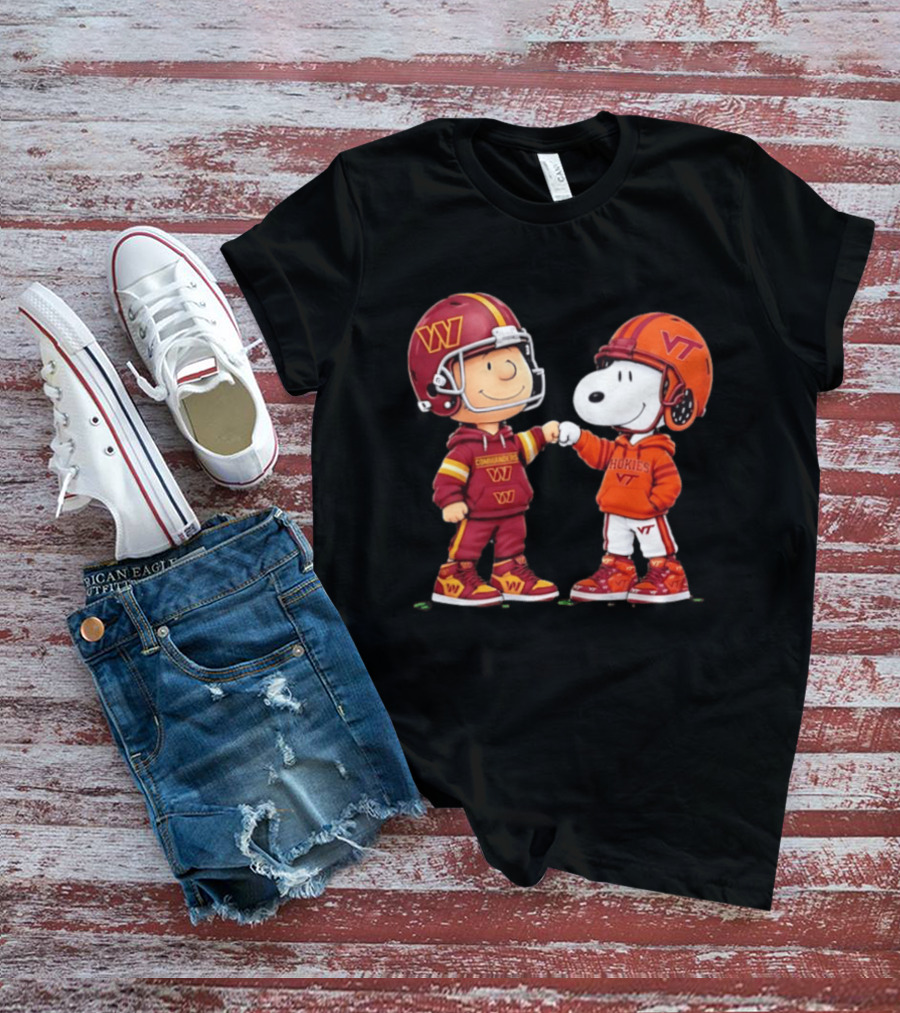 Peanuts Snoopy Charlie Brown Washington Commanders Virginia Tech Hokies Collaboration Fist Bump T-Shirt
