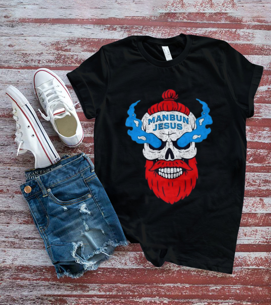 Manbun Jesus Skull Blue Flames Red Beard T-Shirt