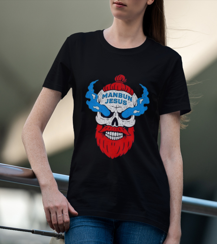 Manbun Jesus Skull Blue Flames Red Beard T-Shirt