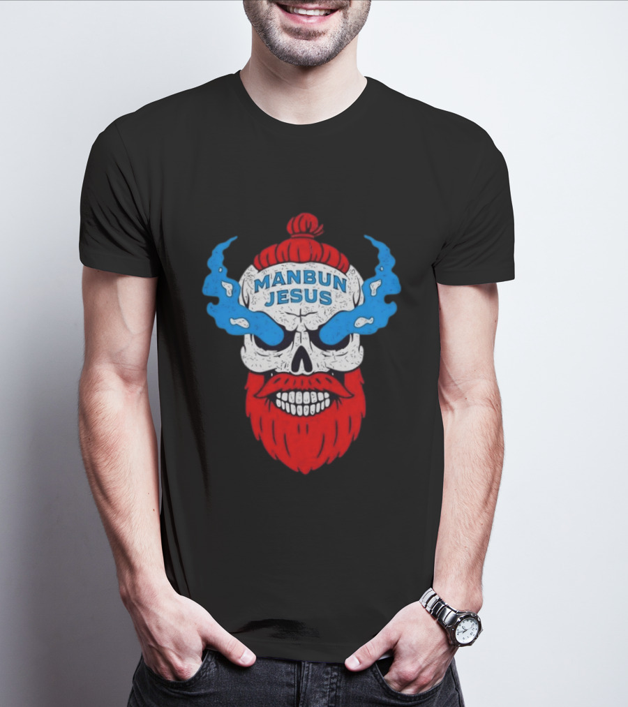 Manbun Jesus Skull Blue Flames Red Beard T-Shirt