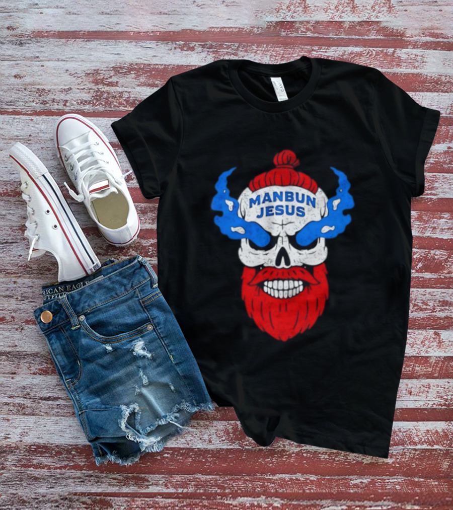 Manbun Jesus Skull Flame Beard Retro Stone Man Cold Bun T-Shirt