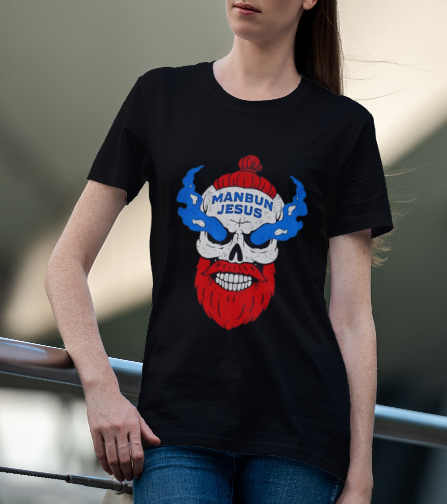 Manbun Jesus Skull Flame Beard Retro Stone Man Cold Bun T-Shirt