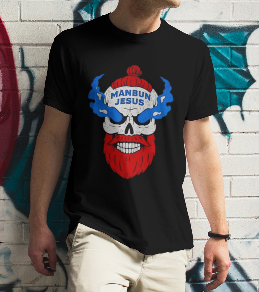 Manbun Jesus Skull Flame Beard Retro Stone Man Cold Bun T-Shirt