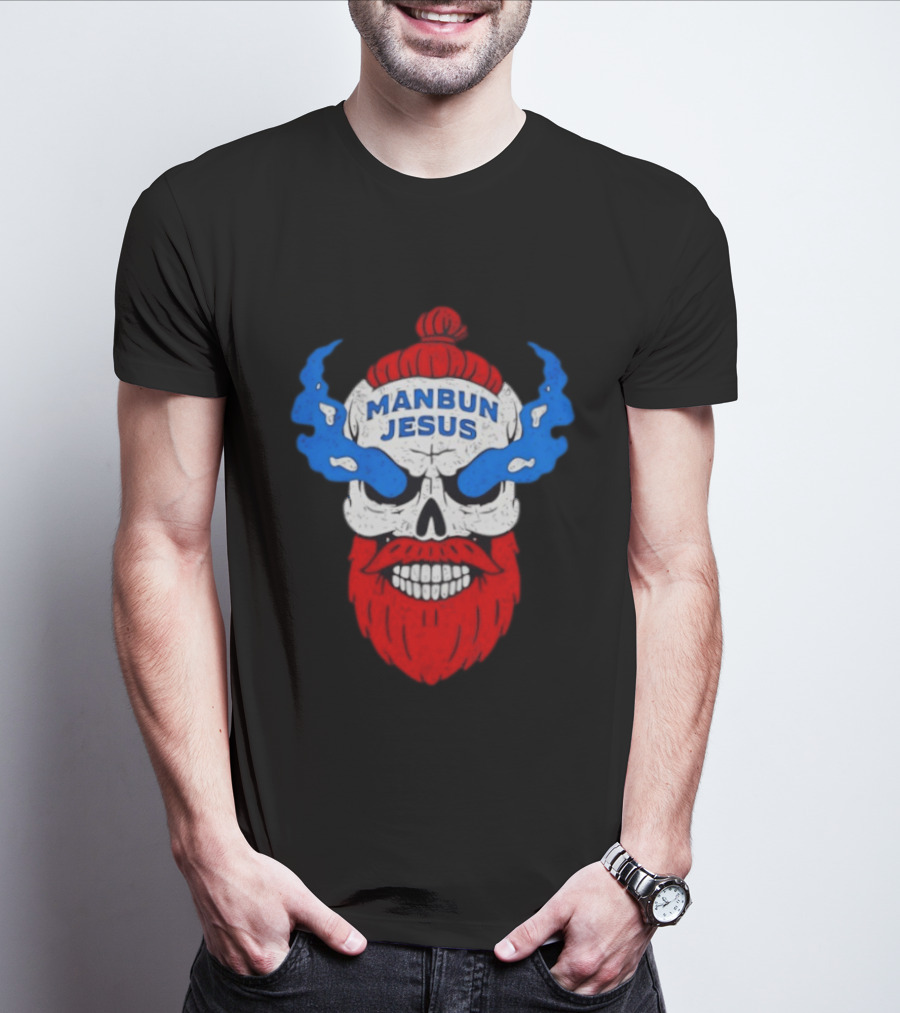 Manbun Jesus Skull Flame Beard Retro Stone Man Cold Bun T-Shirt