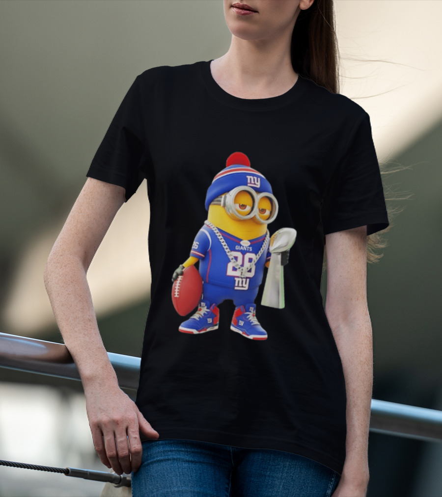 Minion In New York Giants Jersey With Football Trophy And Beanie T-Shirt